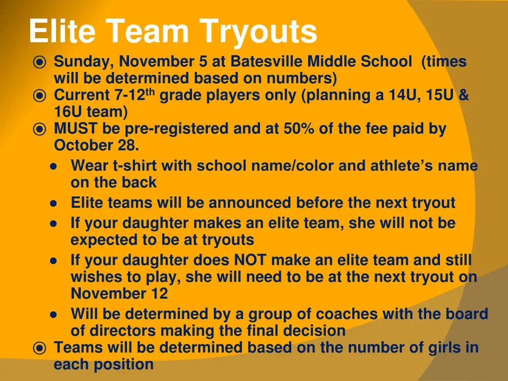 elite team tryouts sunday november