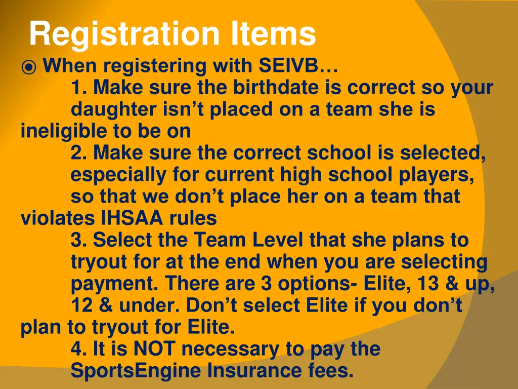 registration items when registering with seivb