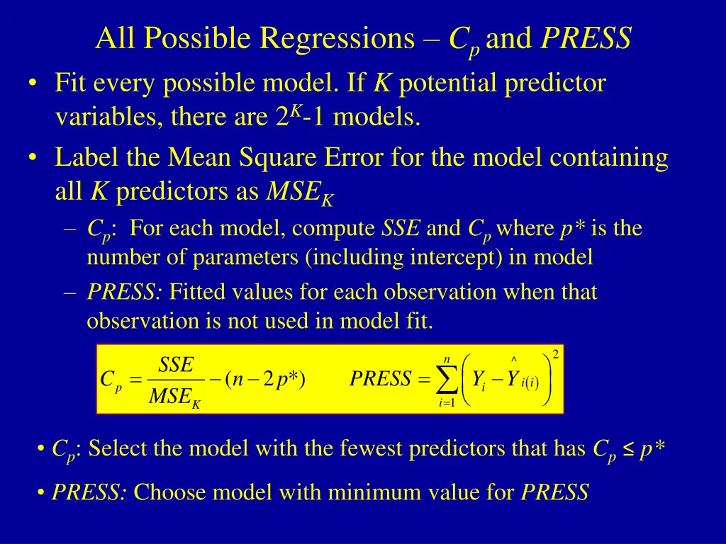 all possible regressions c p and press fit every