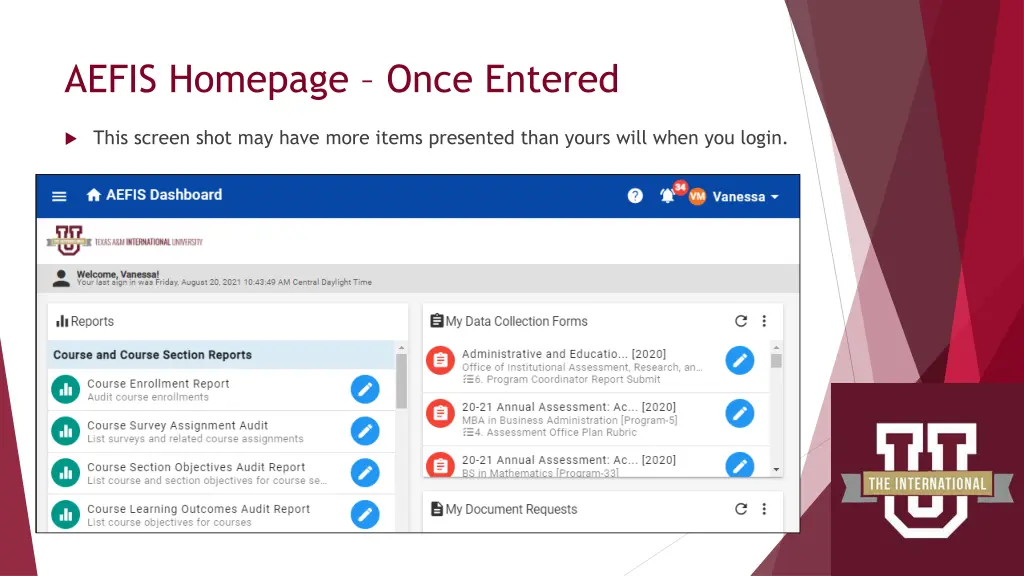 aefis homepage once entered