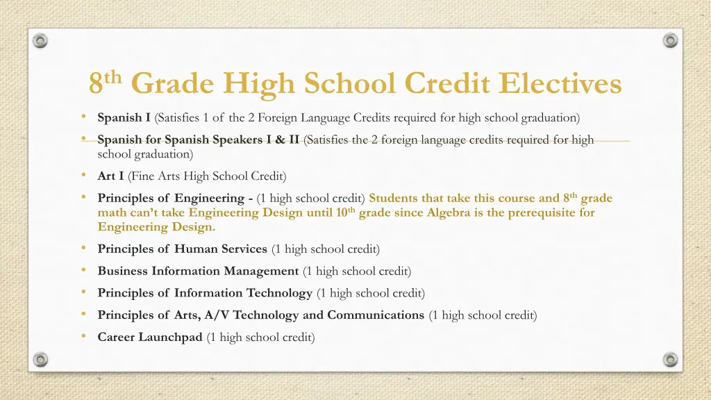 8 th grade high school credit electives spanish