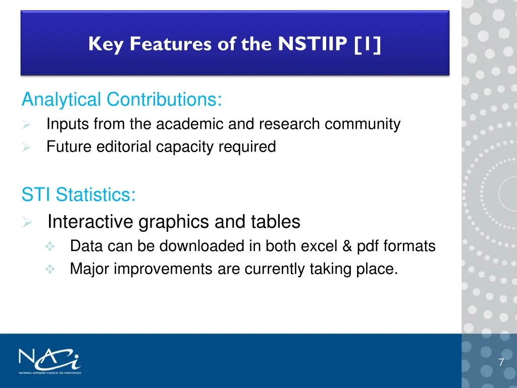 key features of the nstiip 1