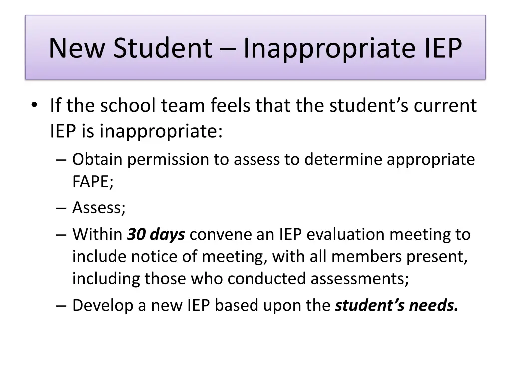 new student inappropriate iep