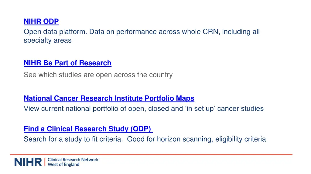 nihr odp open data platform data on performance