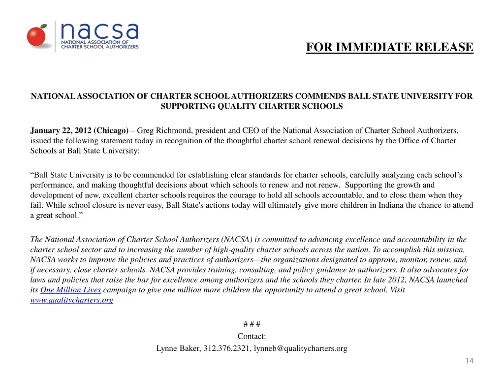 for immediate release