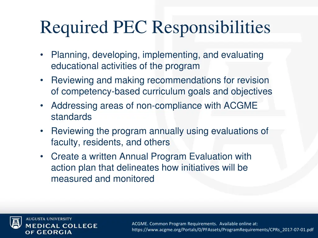 required pec responsibilities