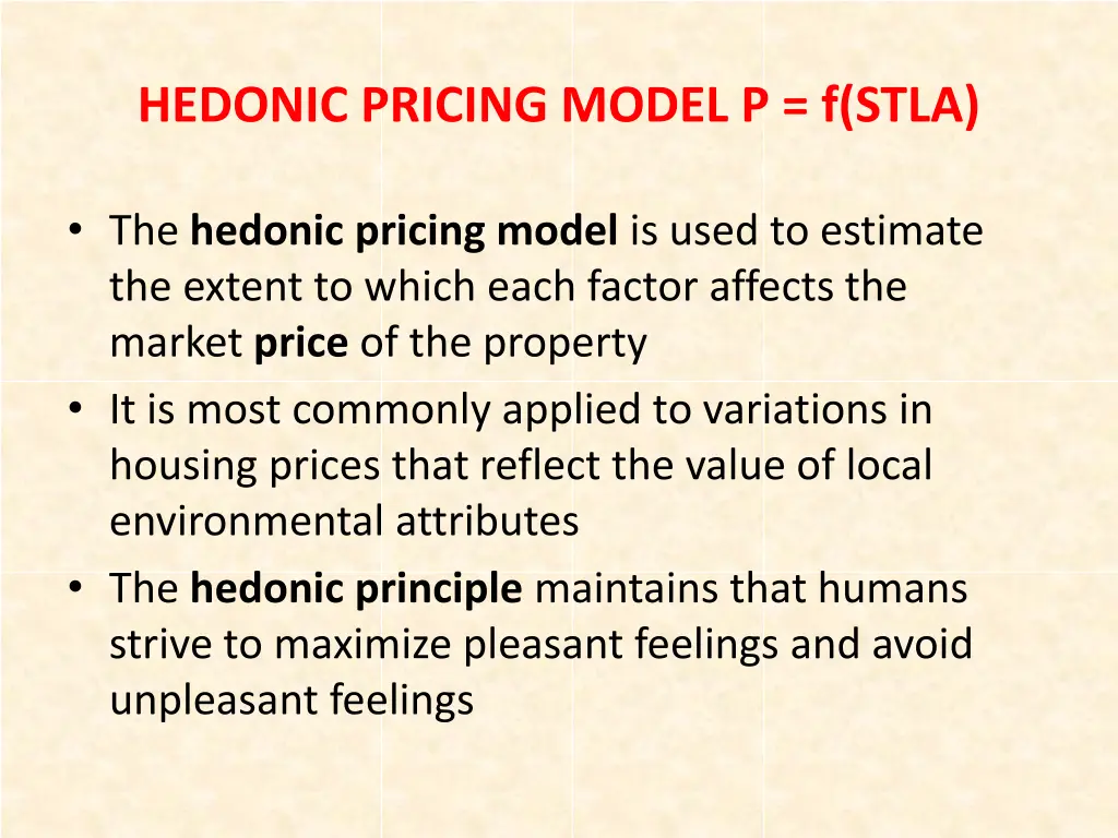 hedonic pricing model p f stla