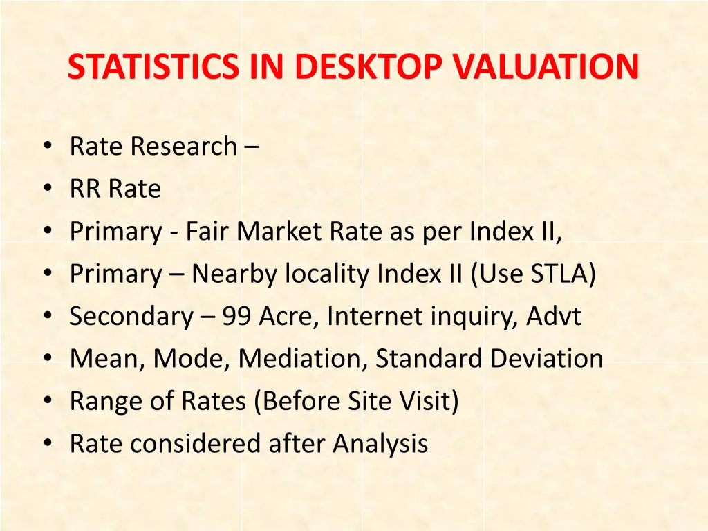 statistics in desktop valuation