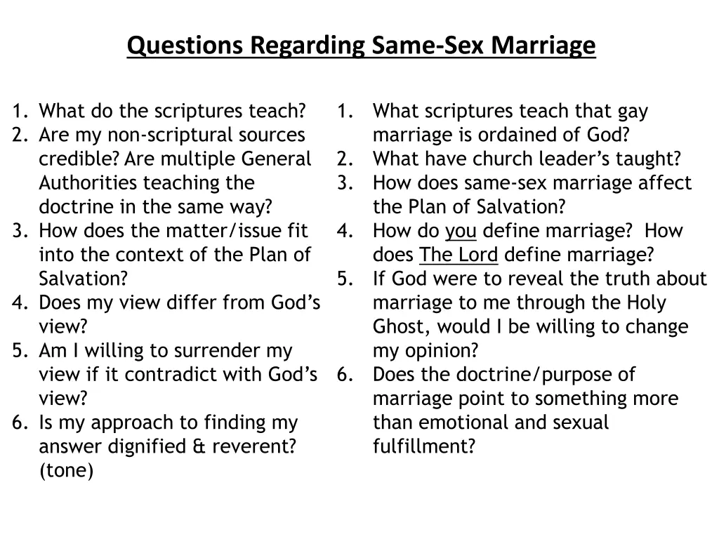 questions regarding same sex marriage