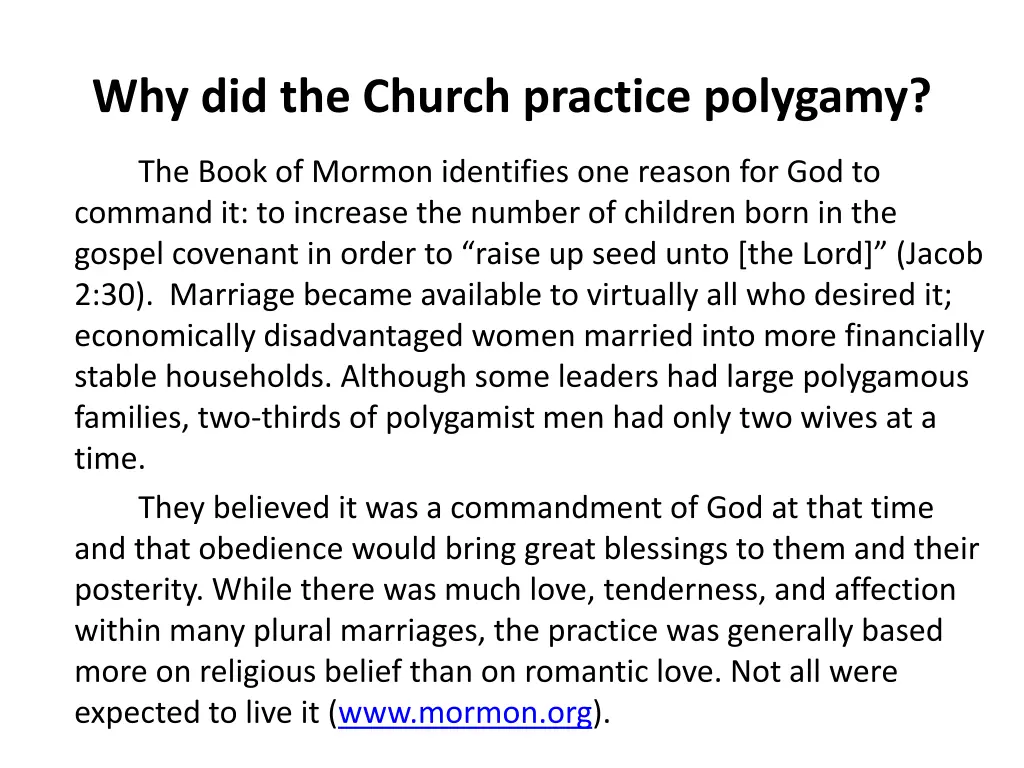 why did the church practice polygamy 1