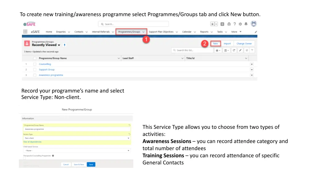 to create new training awareness programme select