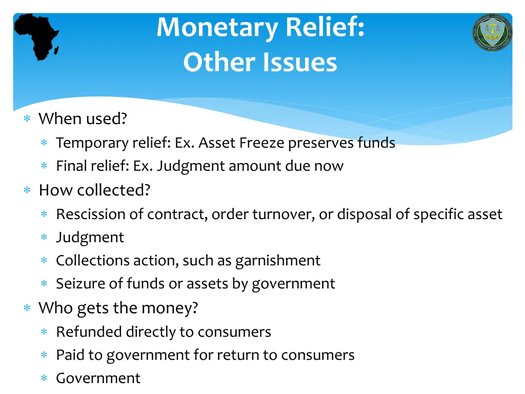 monetary relief other issues