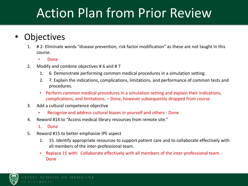 action plan from prior review
