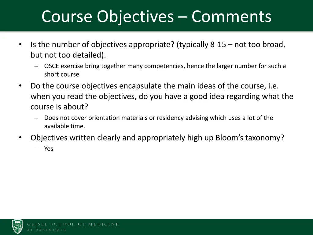 course objectives comments