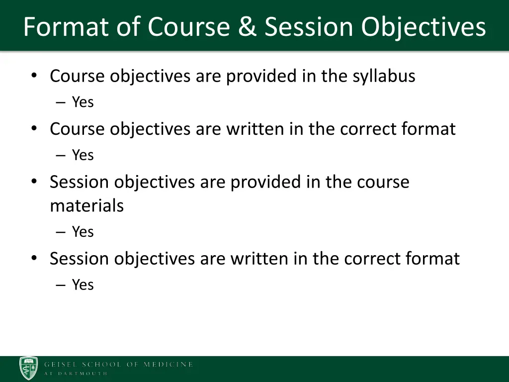 format of course session objectives