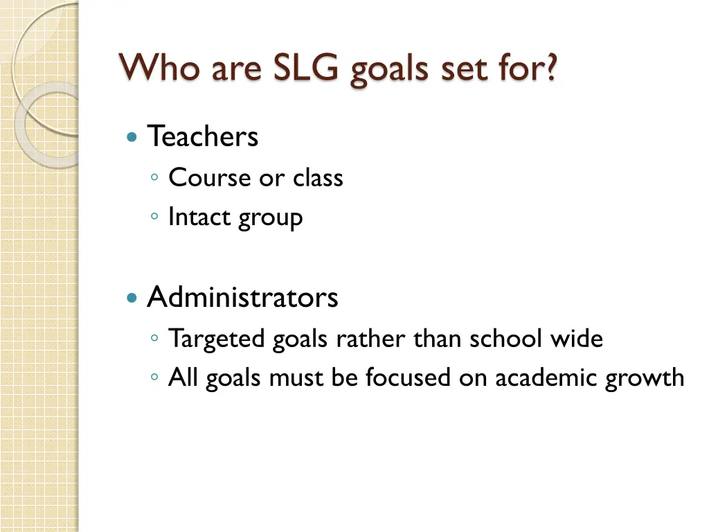 who are slg goals set for