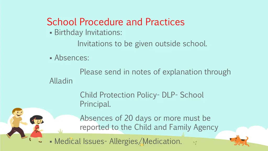 school procedure and practices birthday