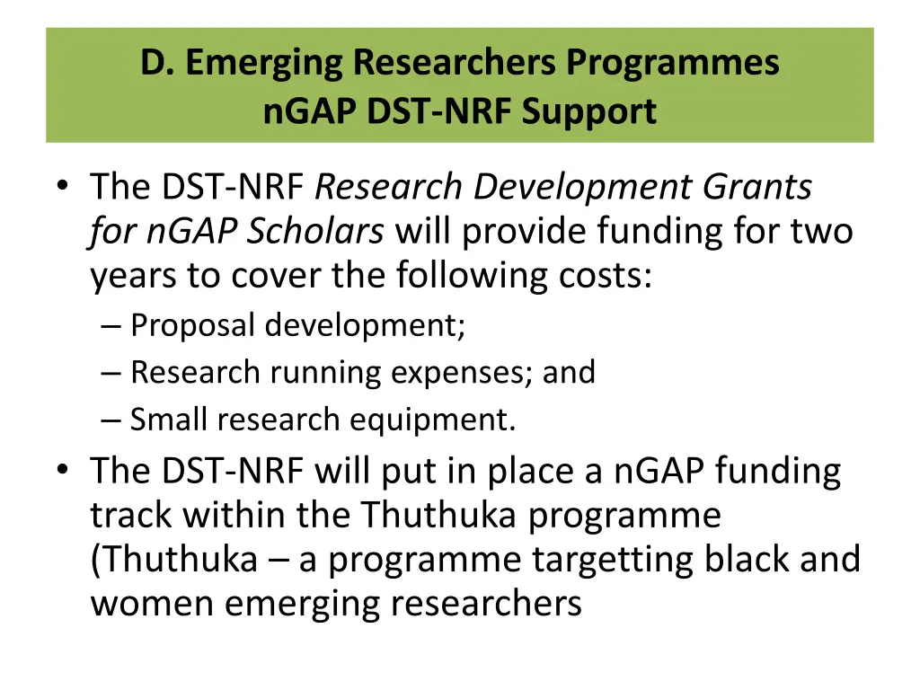 d emerging researchers programmes ngap
