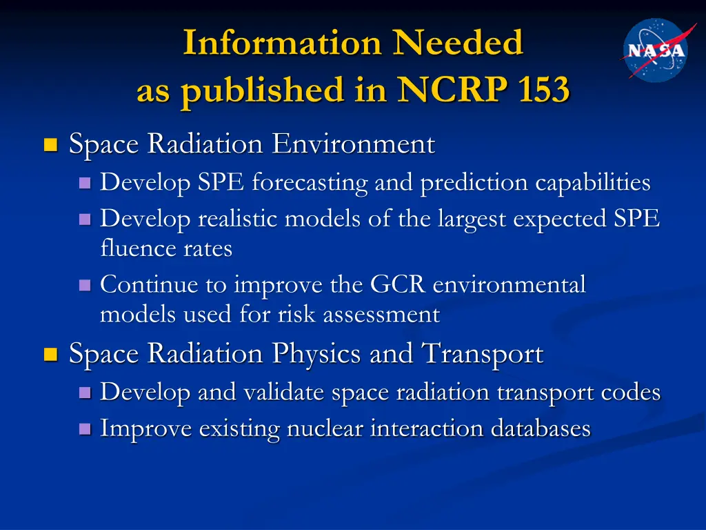 information needed as published in ncrp 153