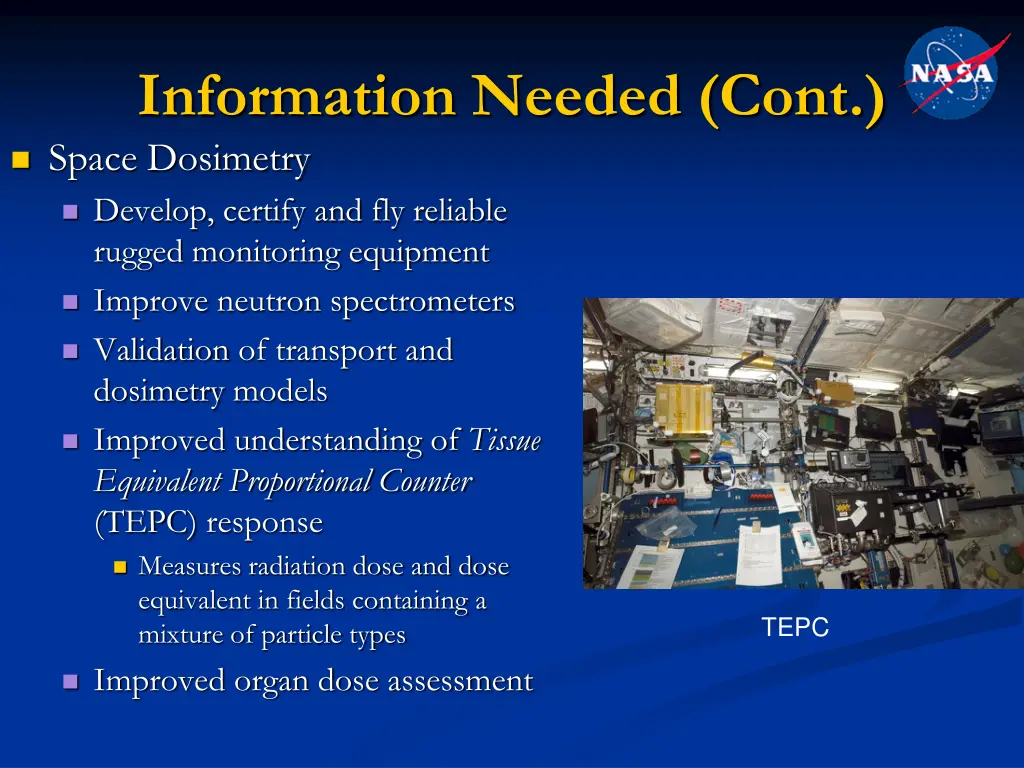 information needed cont space dosimetry develop