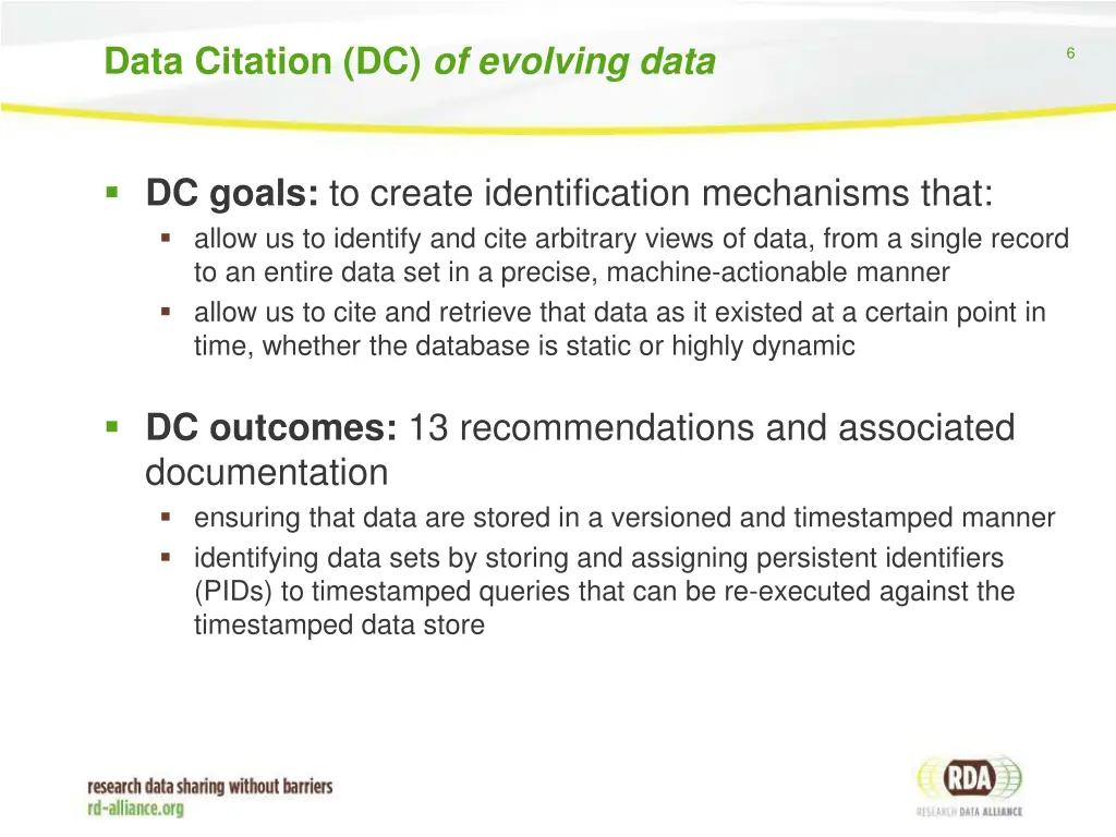 data citation dc of evolving data