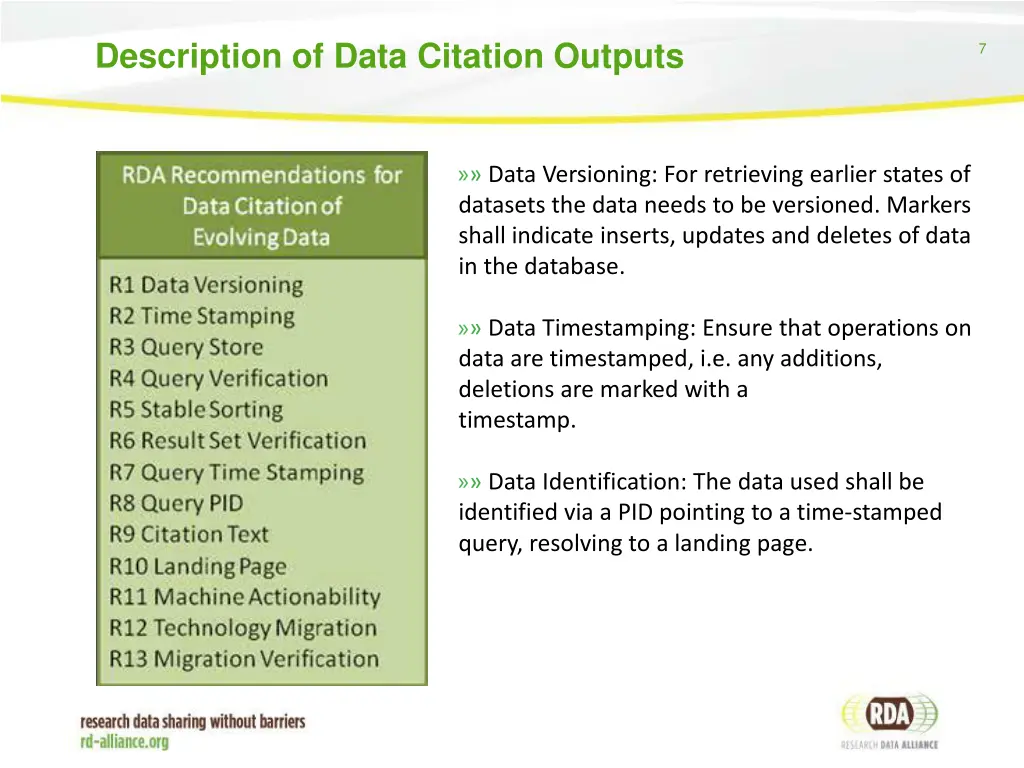 description of data citation outputs