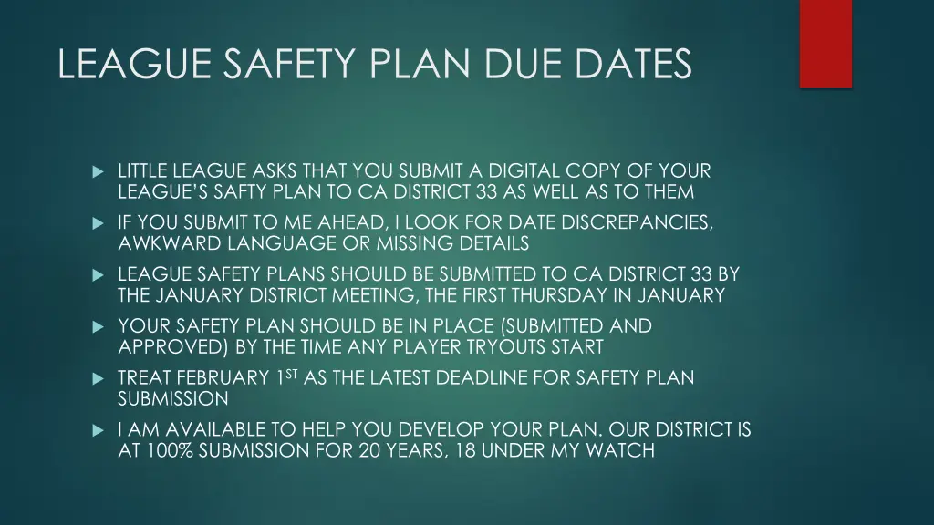 league safety plan due dates