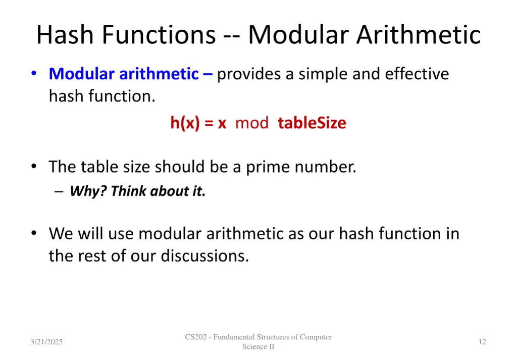 hash functions modular arithmetic