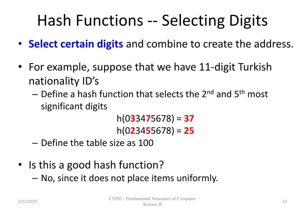 hash functions selecting digits