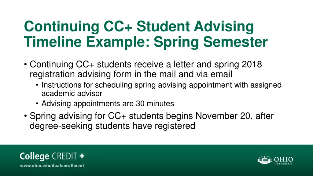 continuing cc student advising timeline example