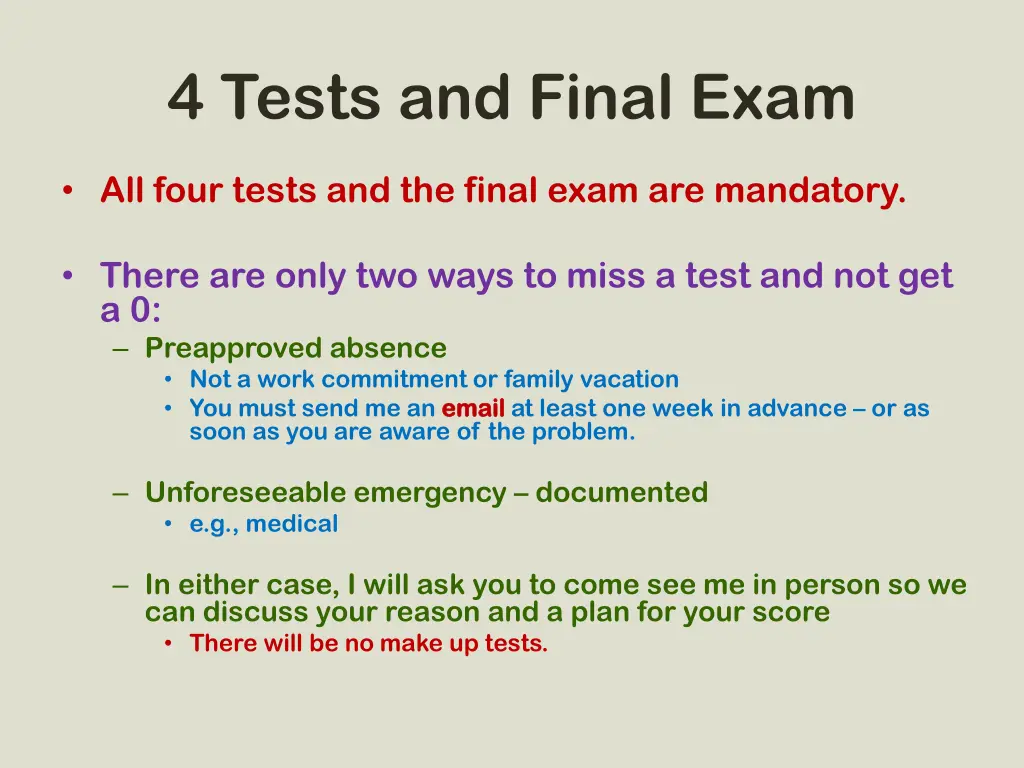 4 tests and final exam