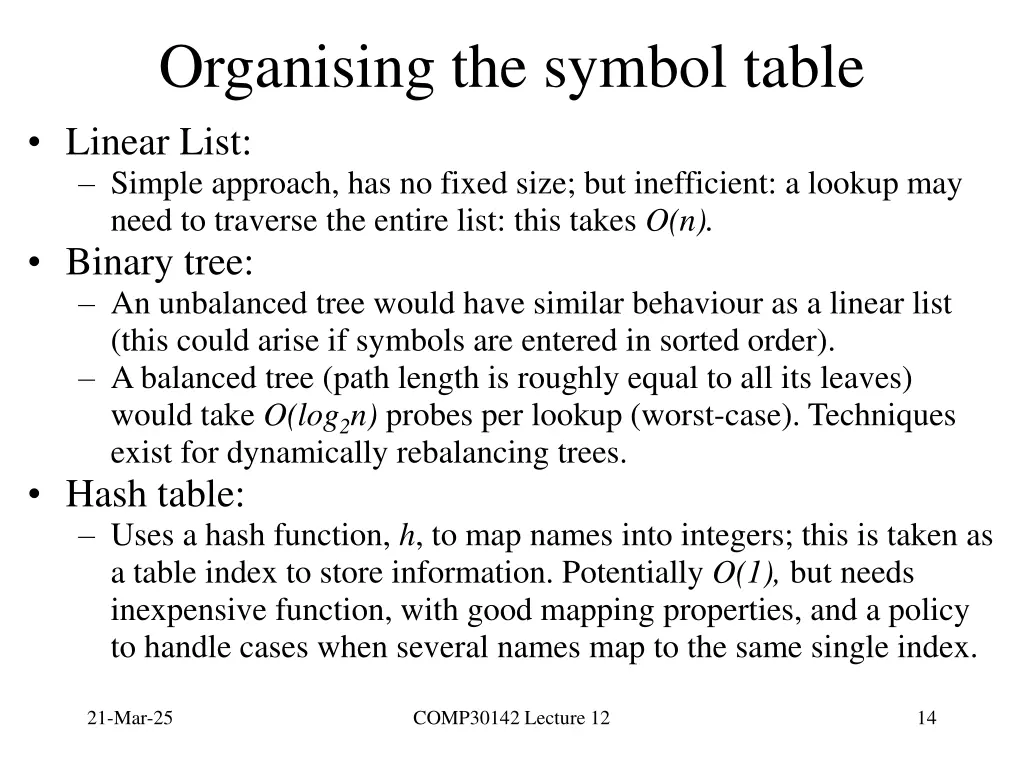 organising the symbol table linear list simple