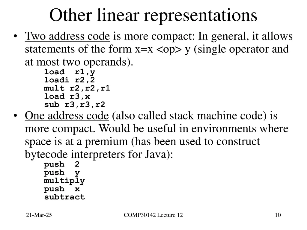 other linear representations two address code