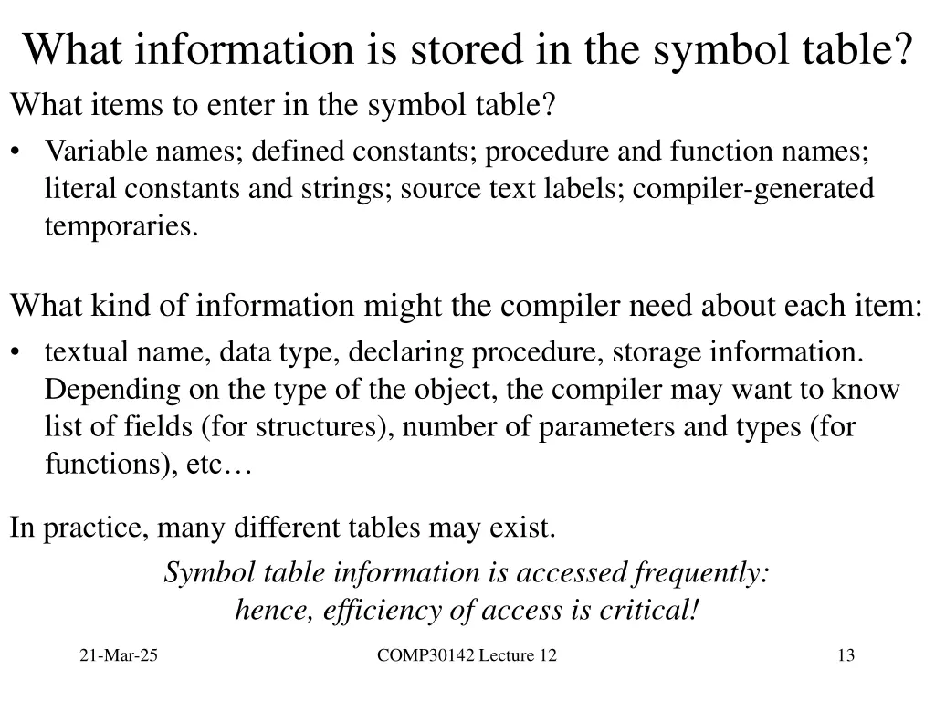 what information is stored in the symbol table