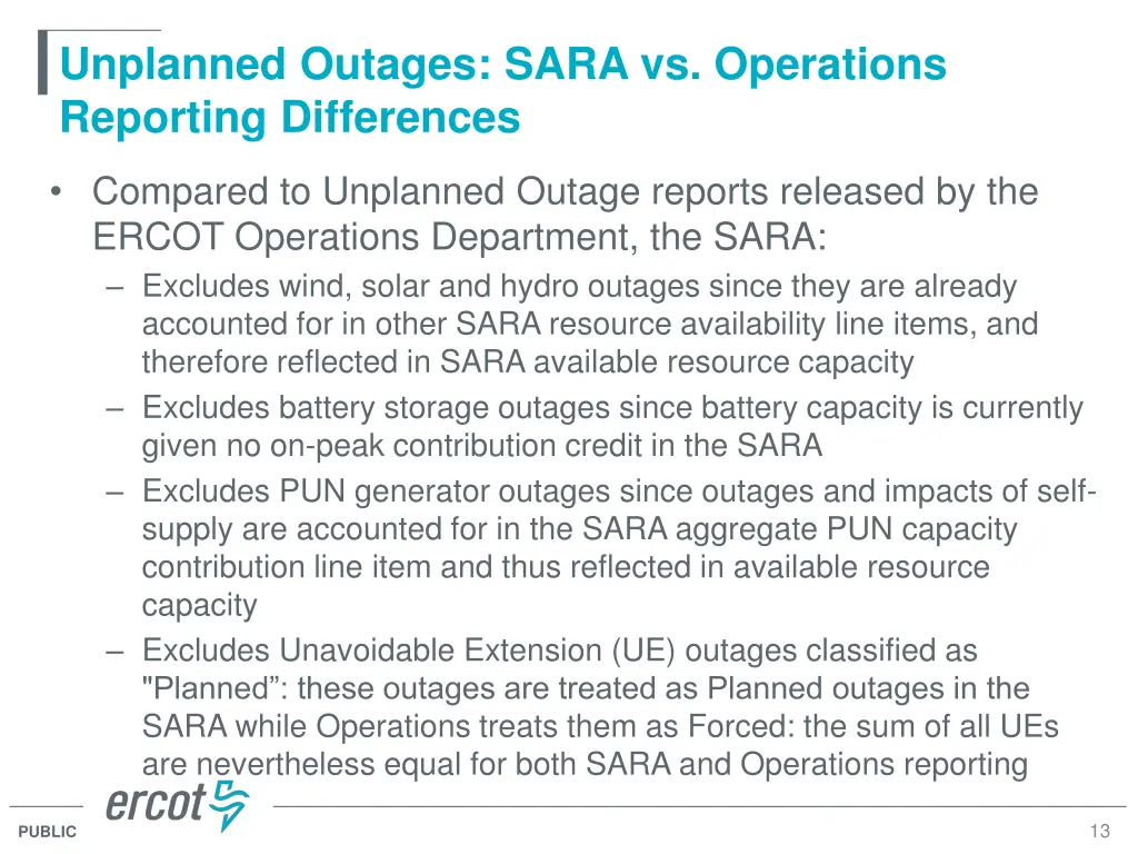unplanned outages sara vs operations reporting
