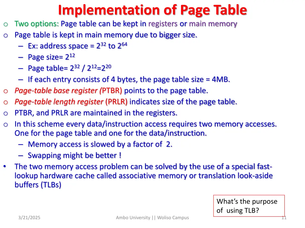 implementation of page table o two options page