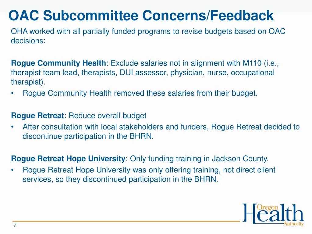 oac subcommittee concerns feedback oha worked