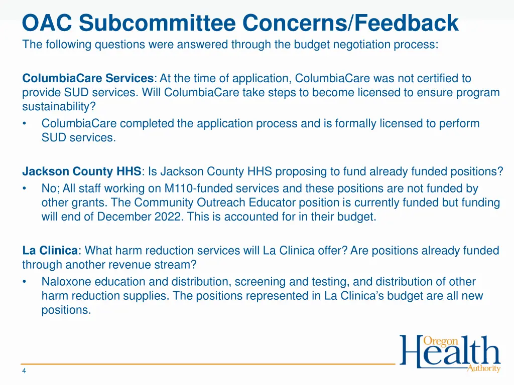 oac subcommittee concerns feedback the following