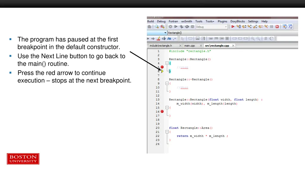 the program has paused at the first breakpoint