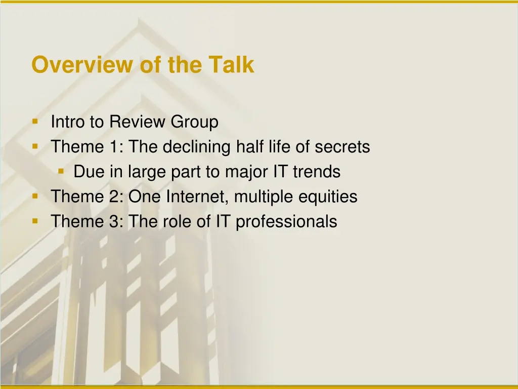 overview of the talk