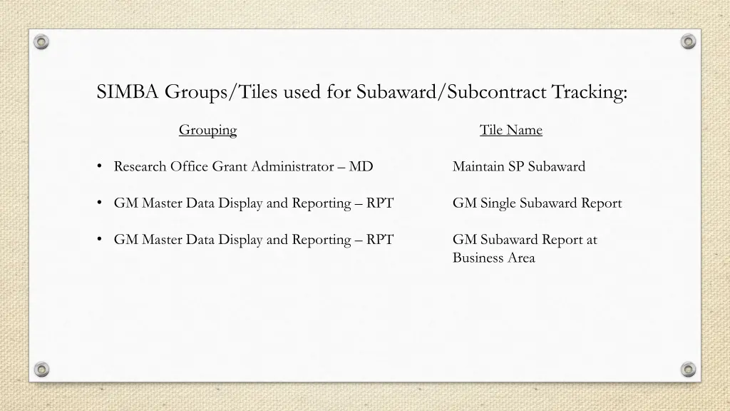 simba groups tiles used for subaward subcontract