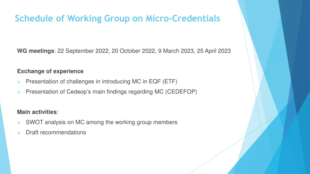 schedule of working group on micro credentials