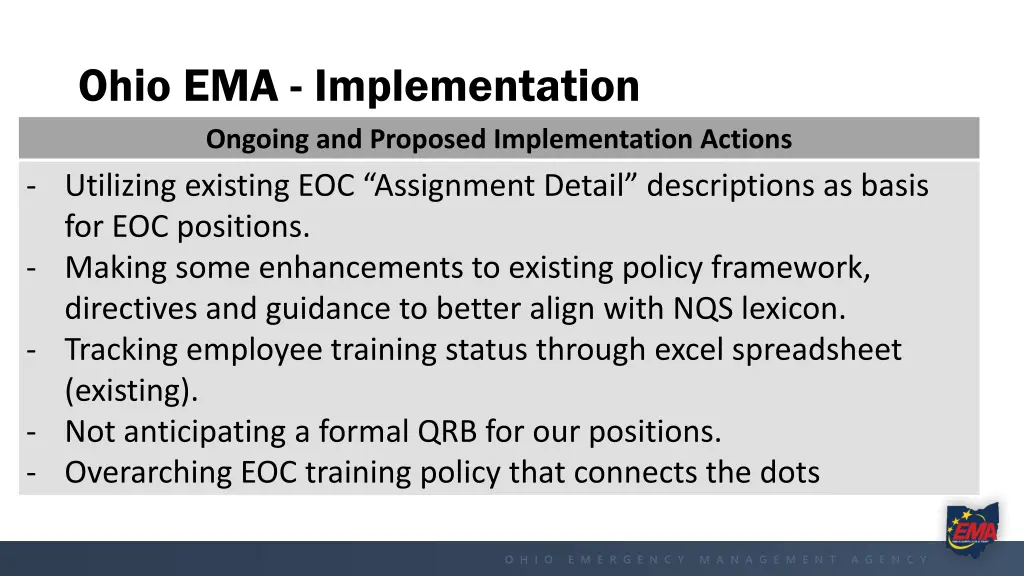 ohio ema implementation ongoing and proposed
