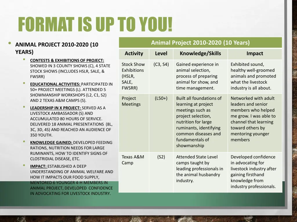 format is up to you animal project 2010 2020
