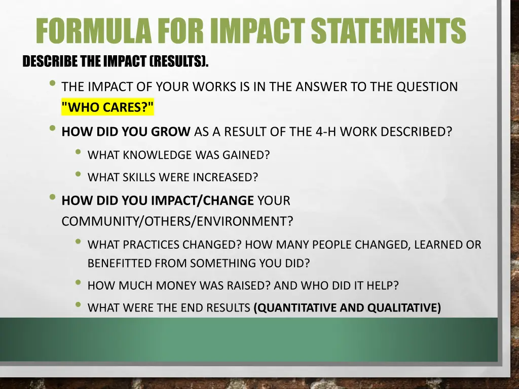 formula for impact statements describe the impact