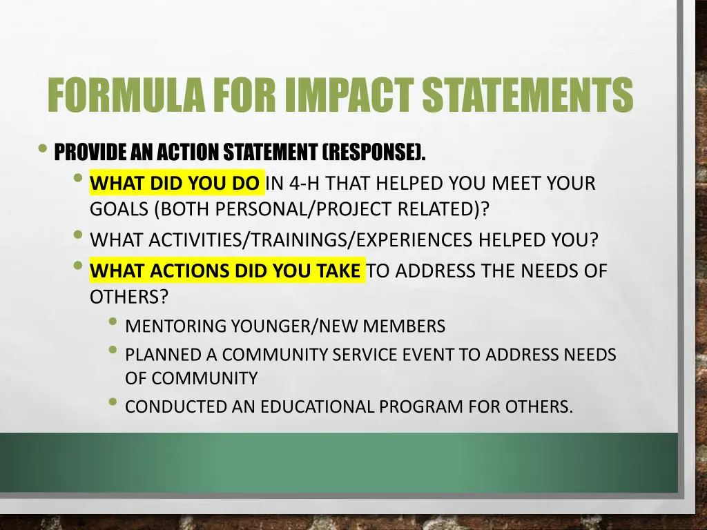 formula for impact statements provide an action