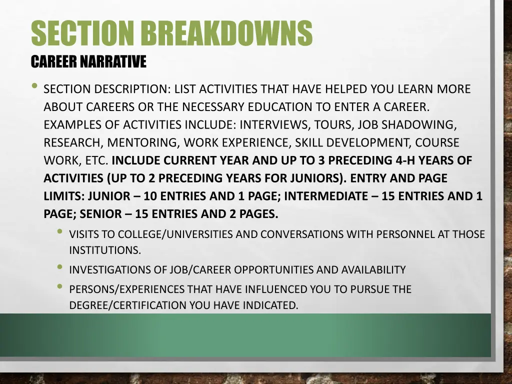 section breakdowns career narrative section