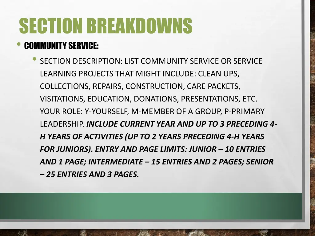 section breakdowns community service section