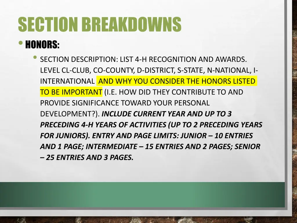 section breakdowns honors section description