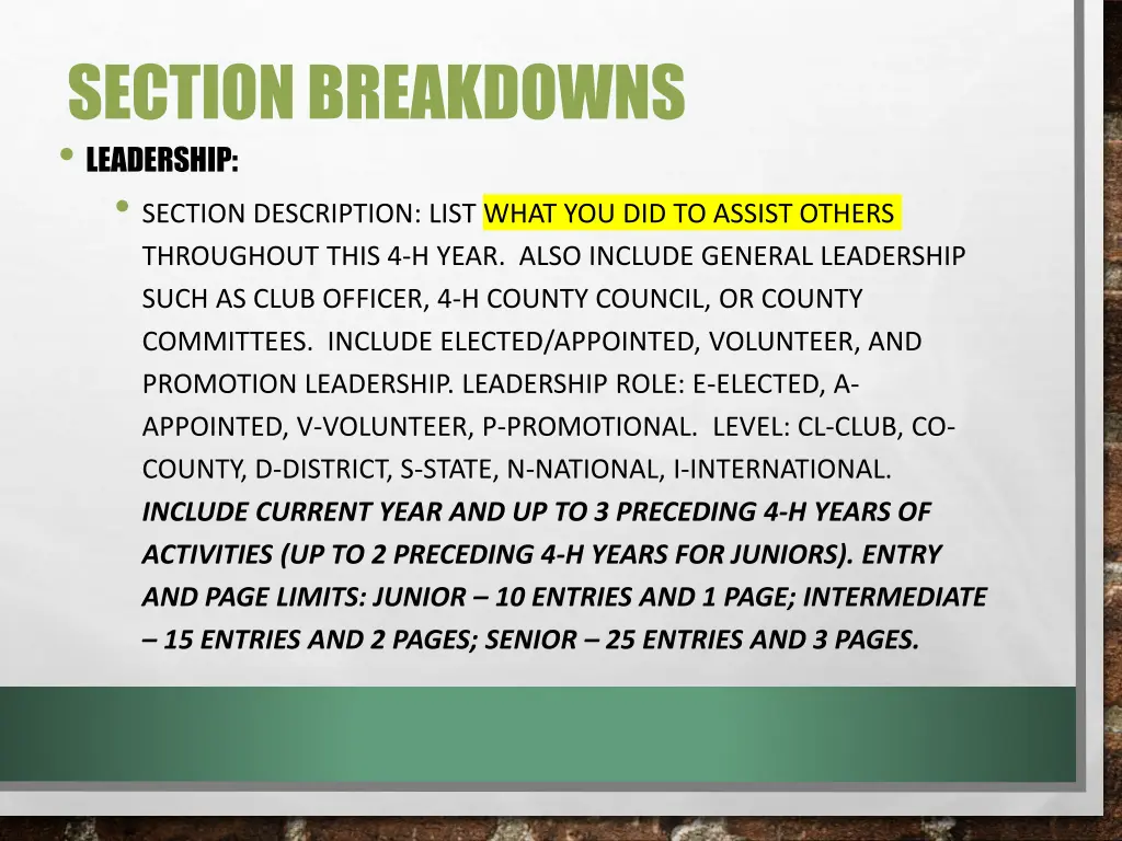 section breakdowns leadership section description